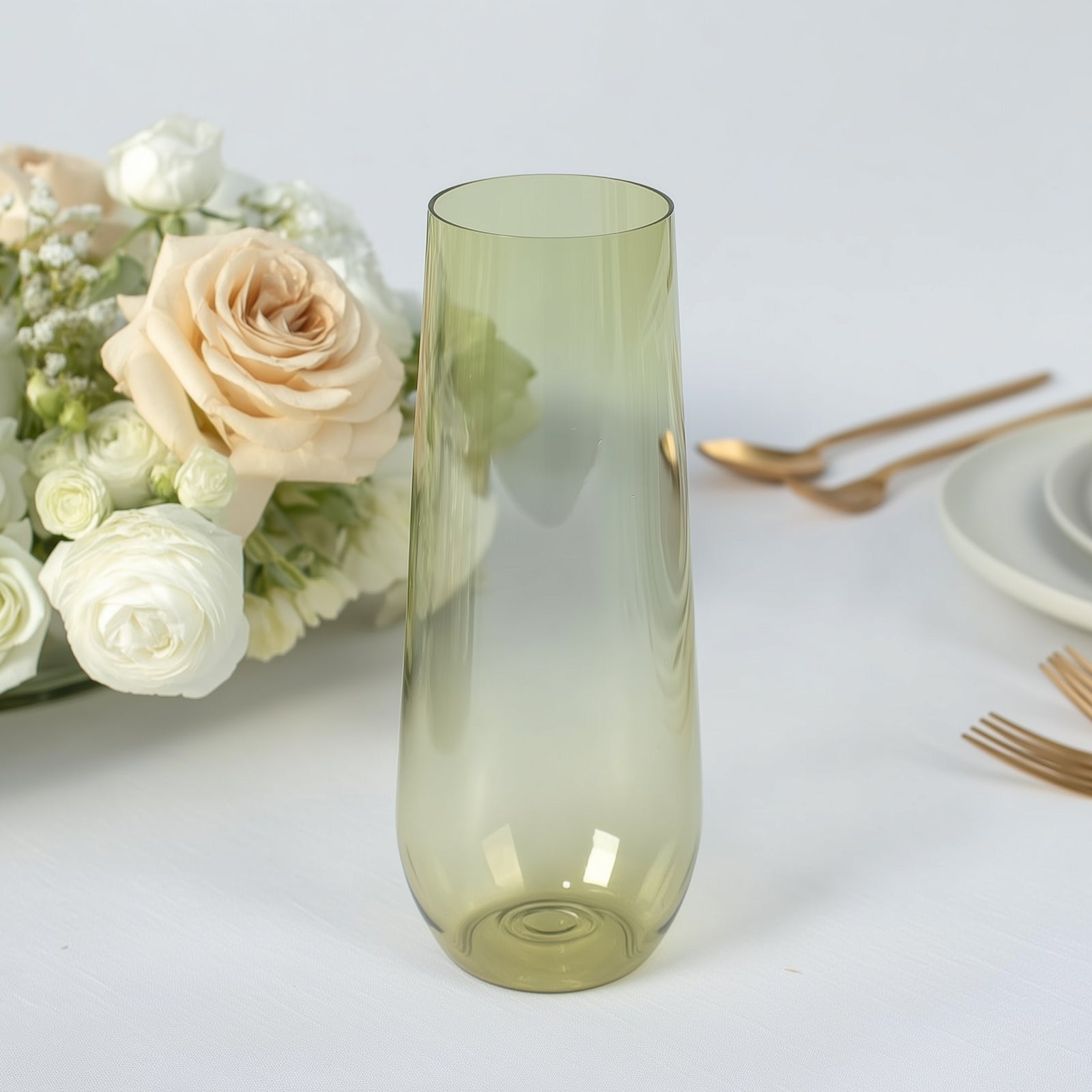 12 Pack Plastic Champagne Flutes in Transparent Dusty Sage Green, Reusable Lightweight Champagne Glass 9oz
